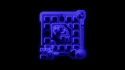 Blue Neon Grid with Icons and Circular Elements on Black Background technology