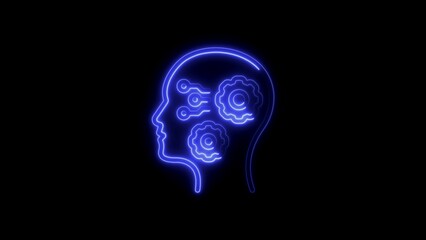 Blue Neon Human Head Profile with Gears and Circuits on Black Background artificial intelligence brain