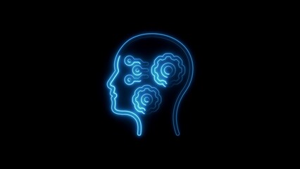 Blue Neon Human Head Profile with Gears and Circuits on Black Background artificial intelligence brain