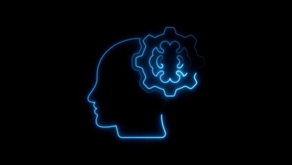 Blue Neon Human Head Silhouette with Brain and Gear Inside image photo