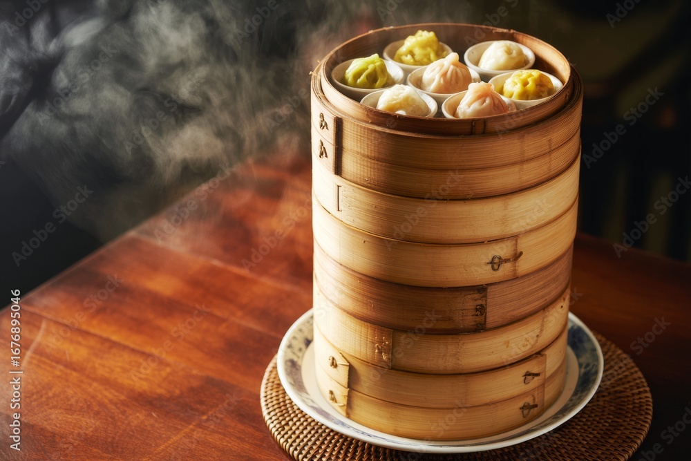 Poster assorted colorful dumplings in bamboo steamers with steam rising on wooden table and dark background
