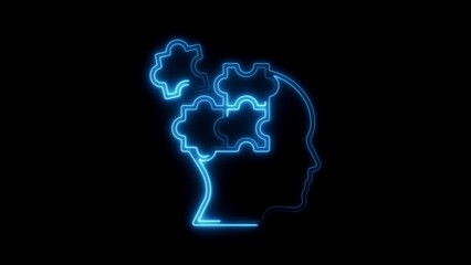 Blue Neon Outline Human Head Profile with Puzzle Pieces Brain on Black Background silhouette