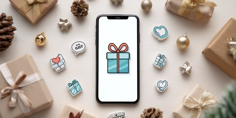 A smartphone displays a graphic of a blue gift box with a pink ribbon. The phone is centered on a white surface surrounded by various festive decorations including wrapped gift boxes, pine cones,