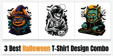 Collection of three unique halloween t shirt designs featuring a pumpkin witch a spooky skeleton and a zombie cat dj