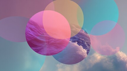 Overlapping, translucent circles create a layered effect, revealing a vibrant seascape beneath. A dramatic ocean scene with turbulent waves and a cloudy sky is partially obscured by the colored
