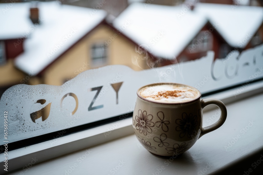 Poster steaming cup of cappuccino on a windowsill with cozy frosted glass text and snowy rooftops in the ba