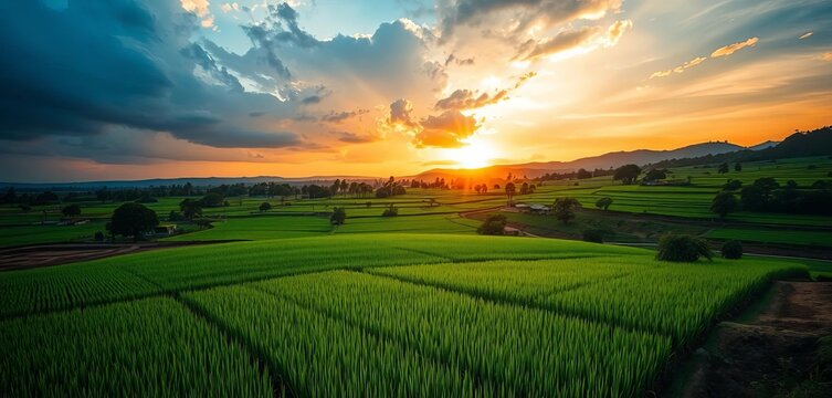 Sunset over vibrant green rice paddies in Fianarantsoa, Madagascar, under a dramatic cloudy sky,  sky,  cultivation