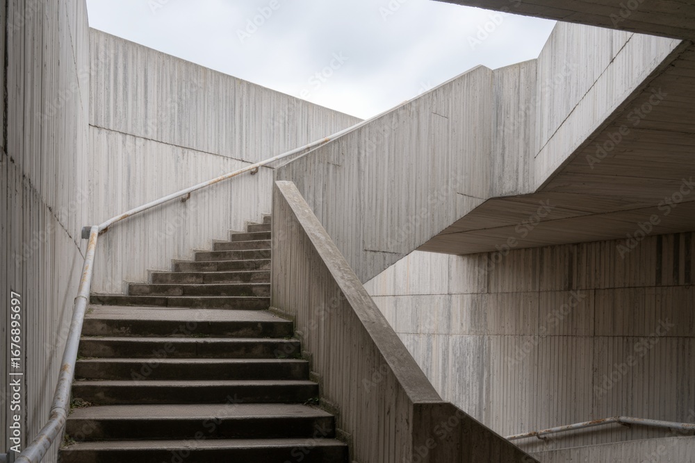 Poster brutalist concrete staircase with geometric lines and soft natural light in an urban architectural c