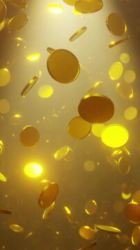 Falling gold coins. A rain of gold coins. Crypto exchange. Big win. 3D 4K loop animation	