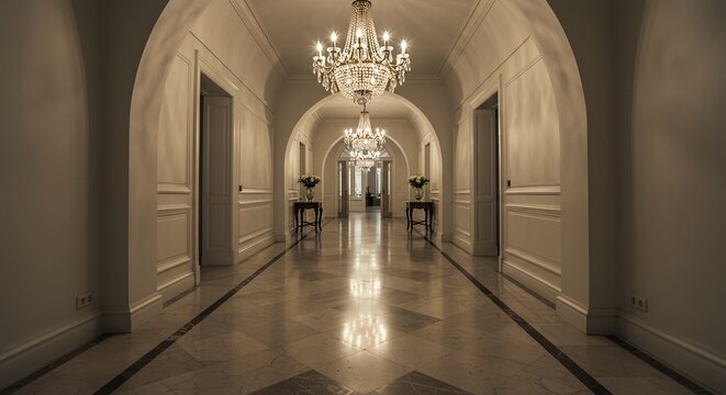 A long hallway with a chandel and a chandel showing elegant hallway with large archway, marble flooring, and chandelier