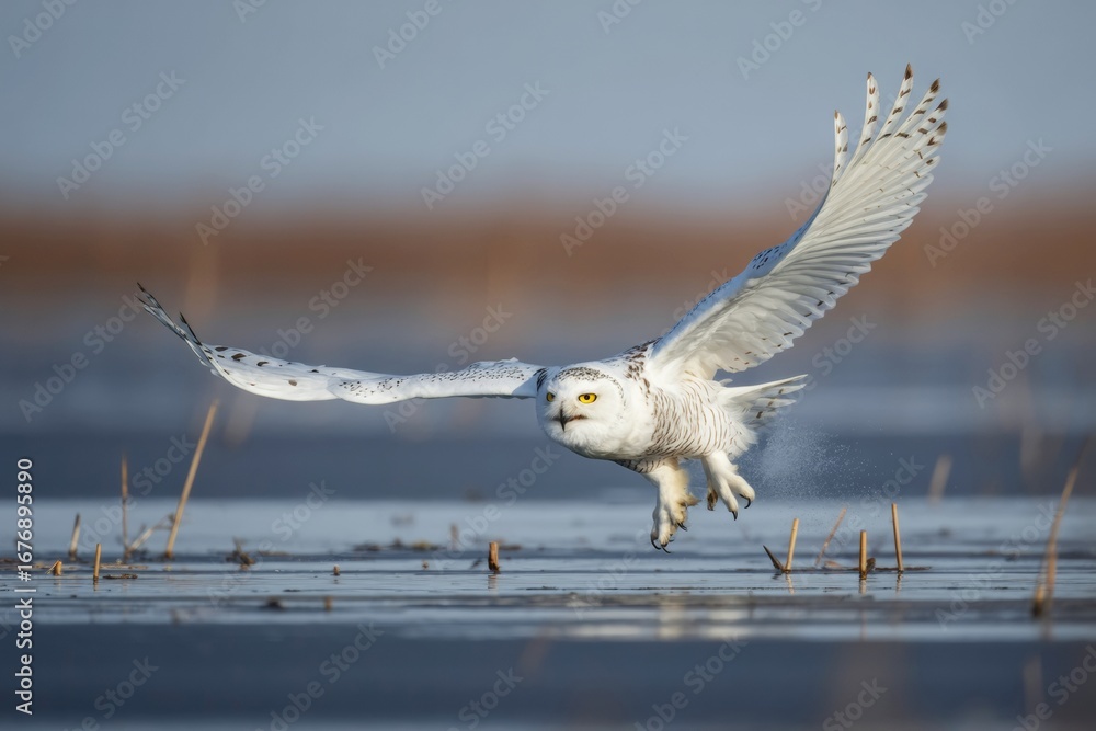 Poster snowy owl flying low over frozen wetlands with wings fully spread in sharp focus against a soft blur