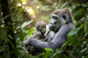 Mother gorilla lovingly holding her baby in lush green jungle with soft natural light in the background, symbolizing maternal care and wildlife. Ai generative