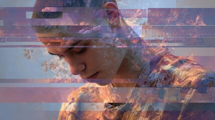 Young person decoding ancestral trauma via lucid dreams visualized as glitched film strips, symbolic time healing, ochre and dusty lilac 