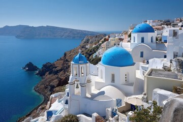 Panoramic view of Santorini's whitewashed churches with blue domes, overlooking the Aegean Sea
