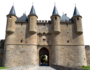 Historic Stone Castle Medieval Gate Towers Isolated on Transparent Background PNG