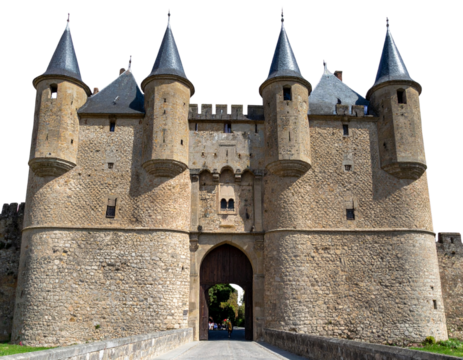 Historic Stone Castle Medieval Gate Towers Isolated on Transparent Background PNG