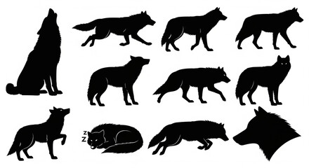 Collection of diverse wolf silhouettes in various poses including howling and walking on an isolated transparent background.