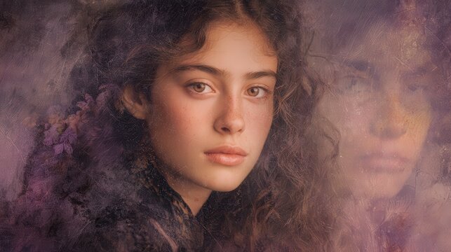 Young woman forging digital heirlooms from AI-generated memories of ancestors she never met, generational closure, copper and faded violet 