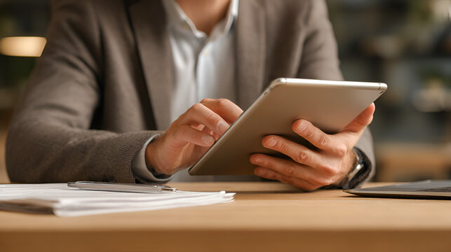 Man in suit using tablet at desk papers  laptop visible