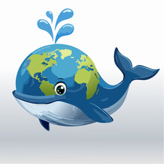 Adorable Earth whale character spouting water, a creative concept for environmental protection, World Oceans Day, and global ecology