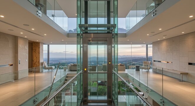 A glass staircase showing glass elevator in a luxury multi-floor residence