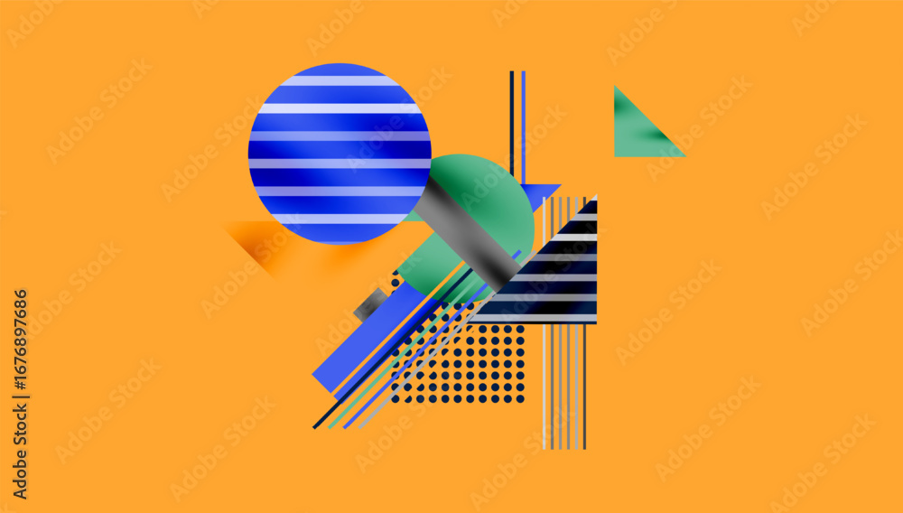 Poster abstract geometric composition. blue, green shapes overlap orange background. lines, triangles, circ