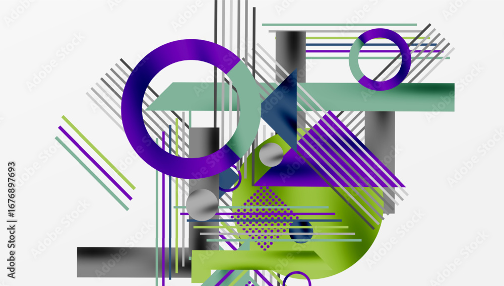Poster abstract geometric composition. lines, circles, rectangles intersect creating dynamic visual effect.