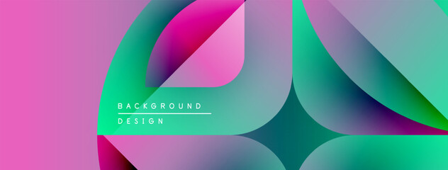 Abstract vibrant layers create dynamic pink, teal, purple composition. Modern design suggests movement, depth, visual interest.