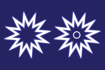 Two White Geometric Starburst Shapes with Blue Glow on a Dark Blue Background