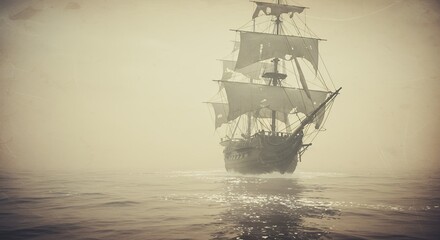 Mysterious old ship sailing in misty sea