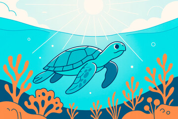 Obraz premium Cartoon sea turtle swimming underwater with sunlight rays and vibrant coral background in a creative aquatic scene. Ai generative. Ai generative