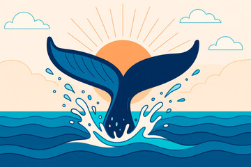Naklejka premium Whale tail splashing in ocean at sunrise with stylized waves, bright sky, and clouds in creative colorful flat art style. Ai generative. Ai generative