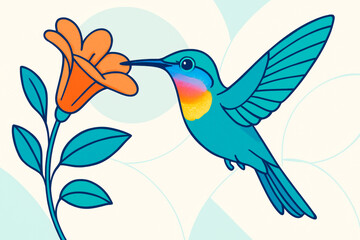 Obraz premium Colorful hummingbird drinking nectar from orange flower in minimalist flat art style on light abstract background. Concept of nature and beauty. Ai generative