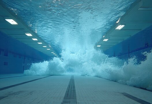 Underwater view of a large wave of water surging through an indoor swimming pool