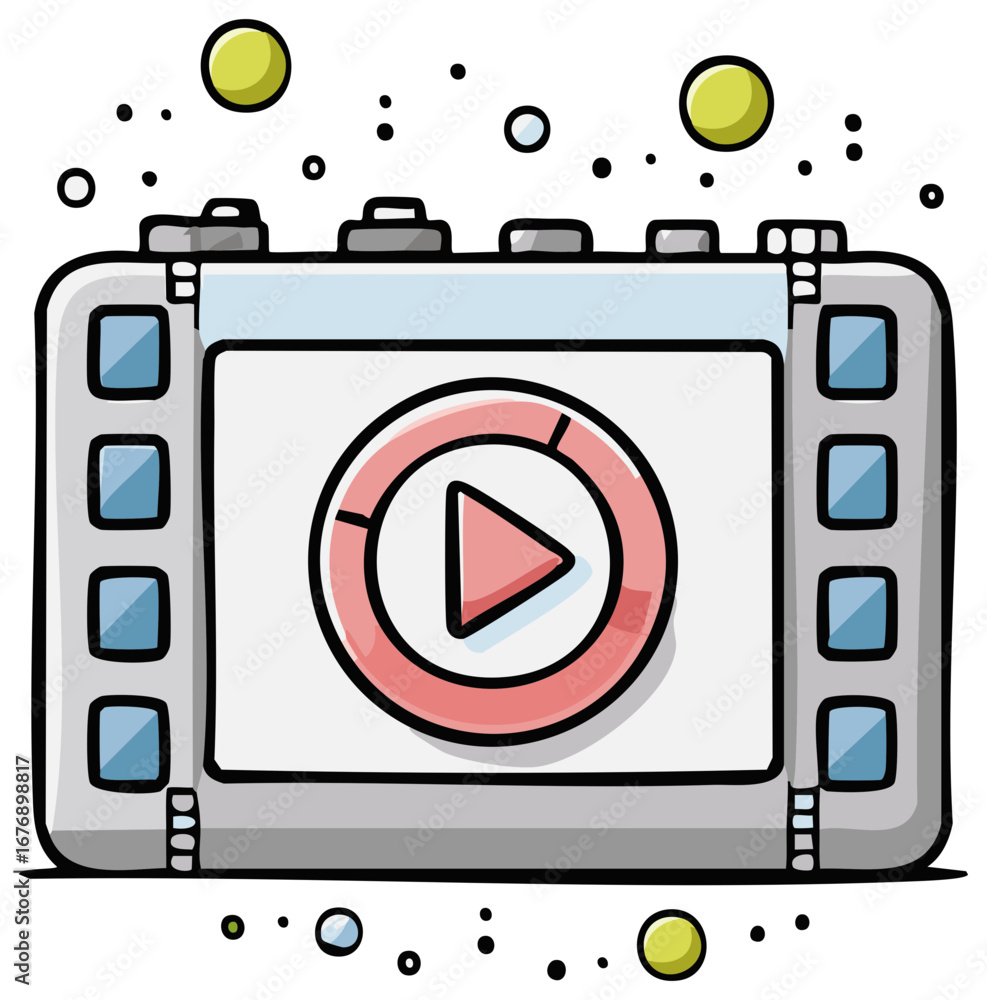 Poster cartoon video player with play button and progress bar for content or app interface doodle