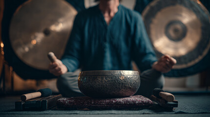 Person with singing bowl gongs mallets sitting crosslegged focus on bronze bowl