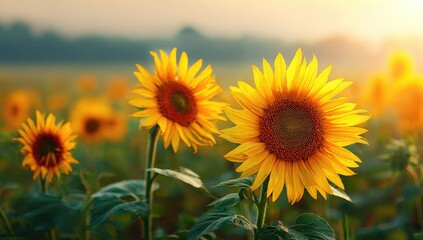 Golden sunflowers in a field at dawn