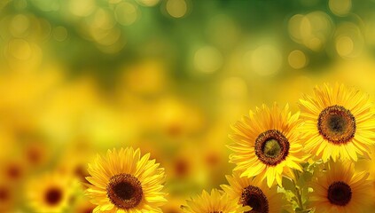 Fototapeta premium Golden sunflowers in a field, soft bokeh background