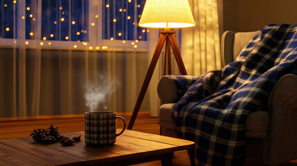 warm living room with dim floor lamp steaming mug on wooden coffee table thick plaid blanket draped over armchair fairy lights in background illustration concept scene visual for commercial design