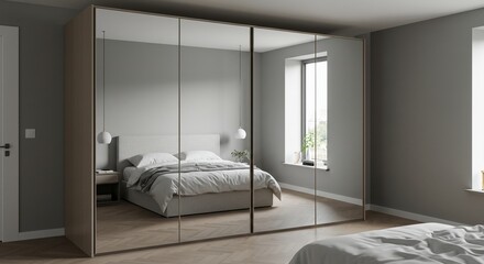 A large mirror on the wall showing large mirrored wardrobe doors reflecting minimalistic bedroom