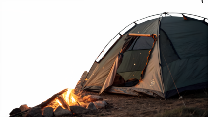 Camping tent with campfire at night isolated on transparent background, an adventure travel in nature, a summer holiday for relaxation