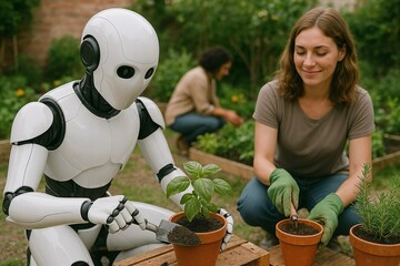 Humanoid robot gardening with woman planting herbs in pots AI helper teamwork urban garden outdoor lifestyle sustainable living