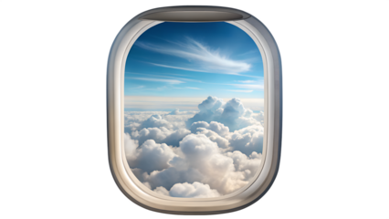 View from an airplane window showcasing fluffy clouds and a blue sky, isolated on transparent background a serene and picturesque journey above the world