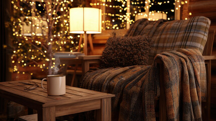 warm living room with dim floor lamp steaming mug on wooden coffee table thick plaid blanket draped over armchair fairy lights in background illustration concept scene visual for commercial design