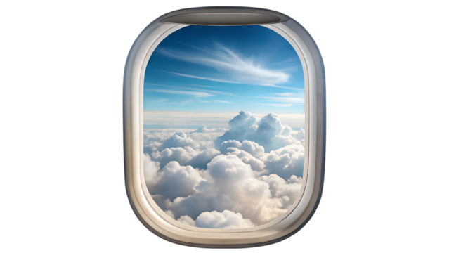 View from an airplane window showcasing fluffy clouds and a blue sky, isolated on transparent background a serene and picturesque journey above the world