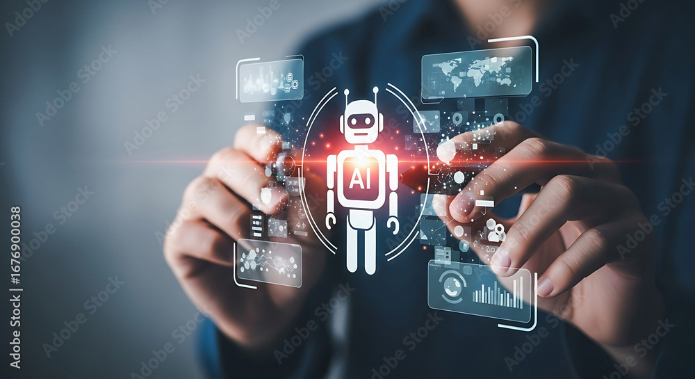 Poster man interacting with holographic ai robot interface and data visualizations in a dark setting