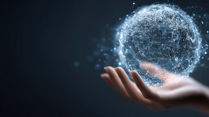 A person?s hand gently holds a holographic globe, emitting a network of glowing blue lines and particles. The globe displays a detailed map of the world. The background is a deep