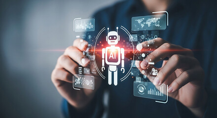 Man interacting with holographic ai robot interface and data visualizations in a dark setting