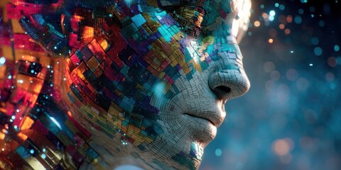 A close-up, dramatic portrait showcases a human face fragmented and transformed into a mosaic of vibrant, iridescent colors and glittering particles. The face is partially visible, 