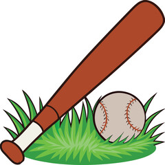 Wooden baseball bat and ball on green grass isolated sports illustration